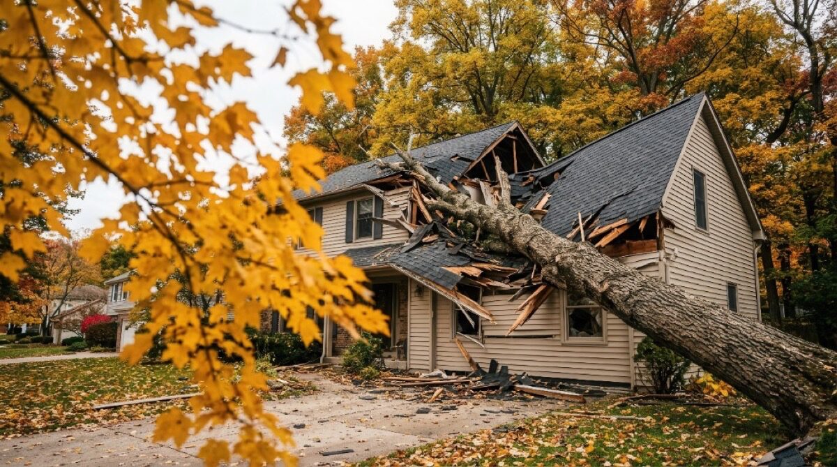 Umgestürzter Baum auf Hausdach nach Sturmschaden
